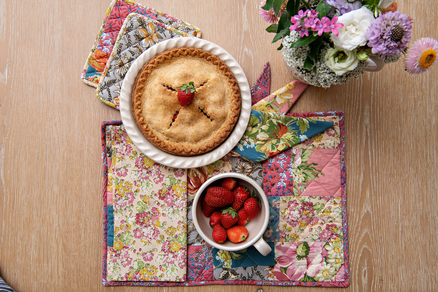 Prairie Patchwork Quilted Placemats in Rose, Set of 2