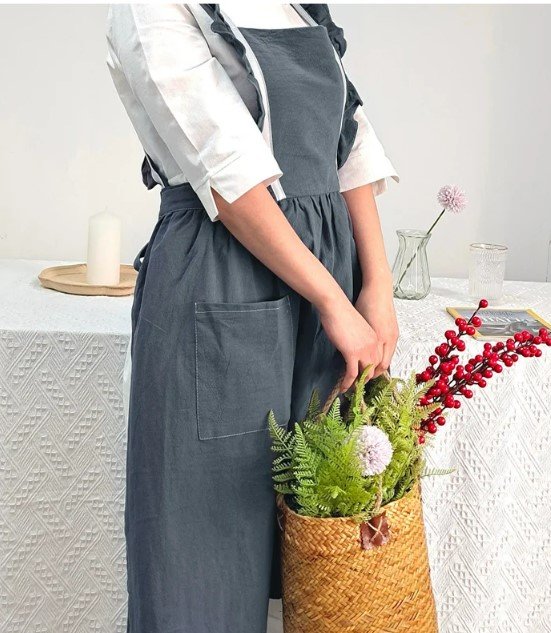 Ruffled Pinafore Apron in Gray Wash