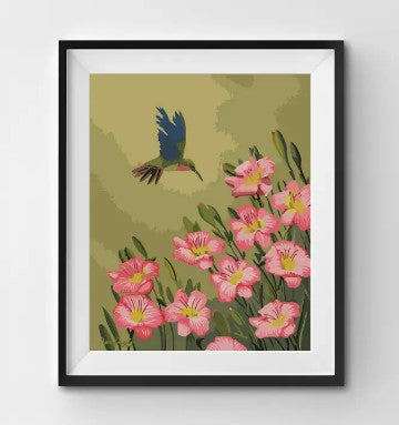 Hummingbird Foraging Pink Flowers Paint by Numbers