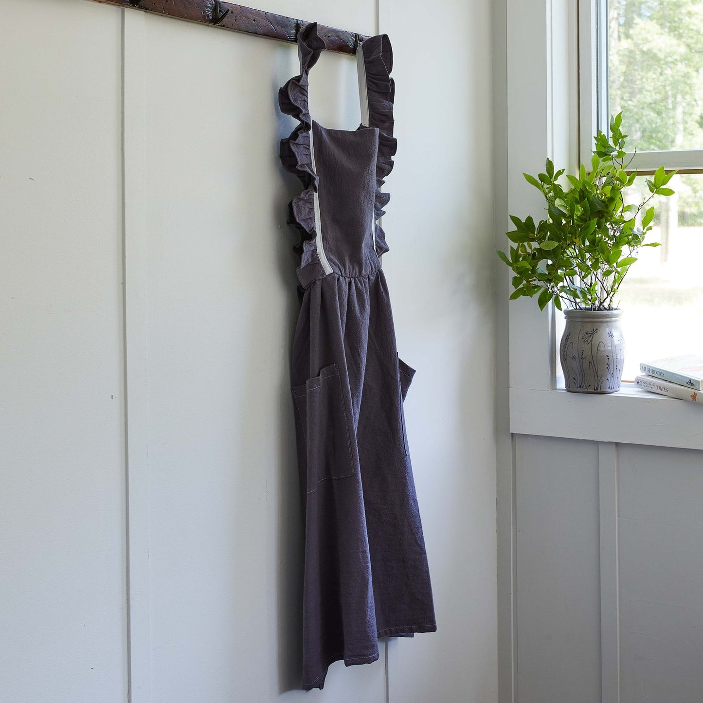 Ruffled Pinafore Apron in Gray Wash