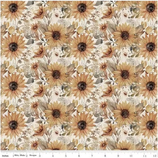 Evening on the Prairie Watercolor Sunflowers Cream, Fabric by the Yard