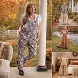 Melissa modeling floral overalls in an outdoor porch setting, with three smaller inset photos on the right showing the same outfit styled in different outdoor and indoor environments. The overalls are gray with a warm floral print in tan, beige, and muted orange tones.