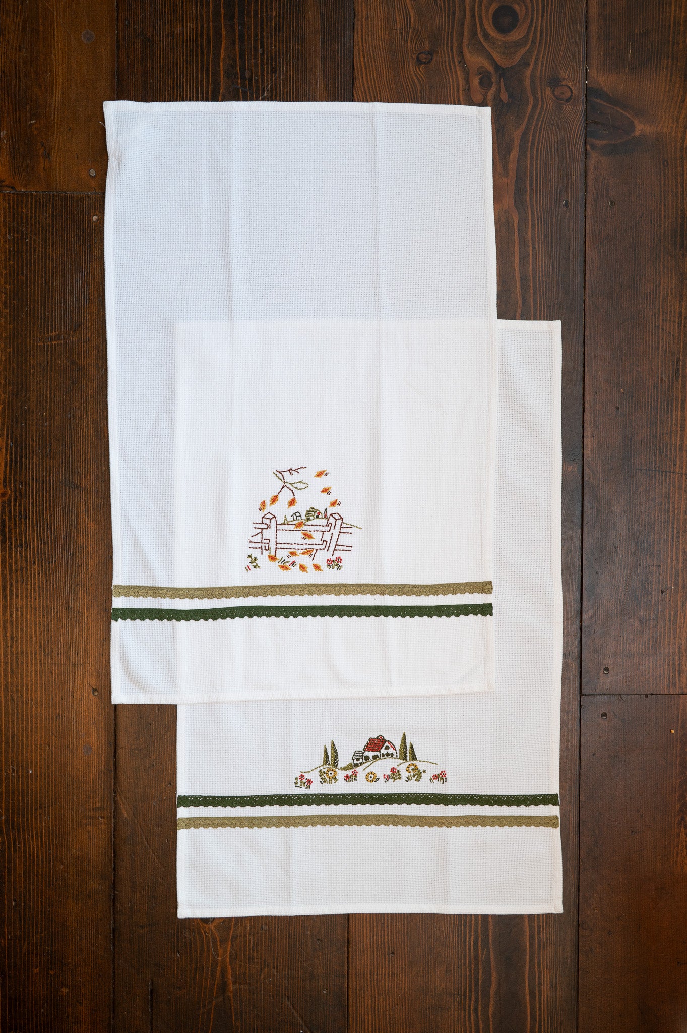 Fall Cottage Embroidered Tea Towel, Set of 2