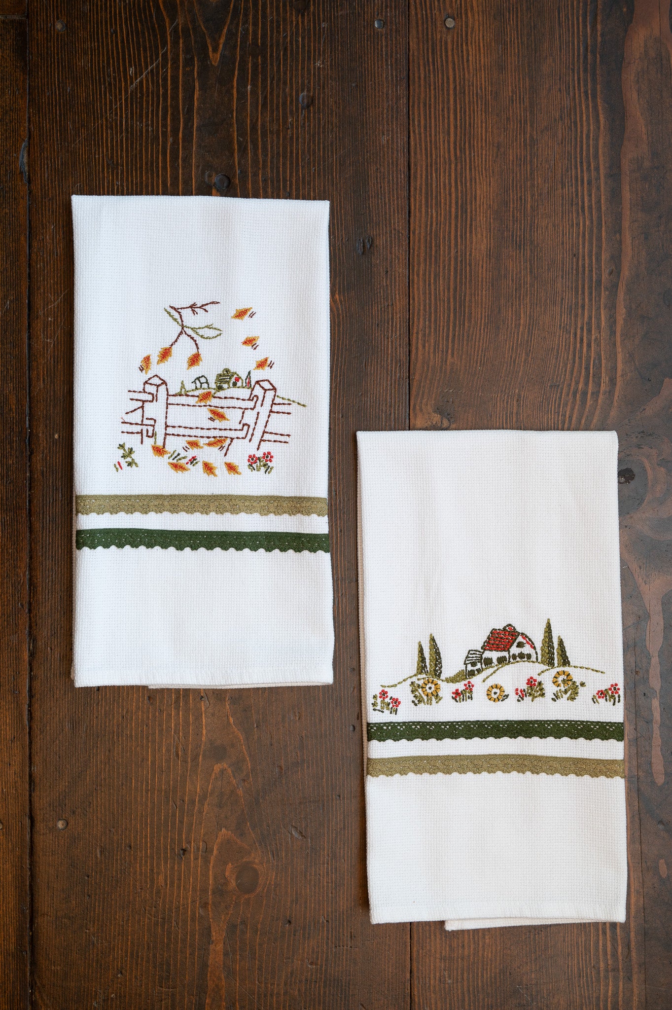 Fall Cottage Embroidered Tea Towel, Set of 2
