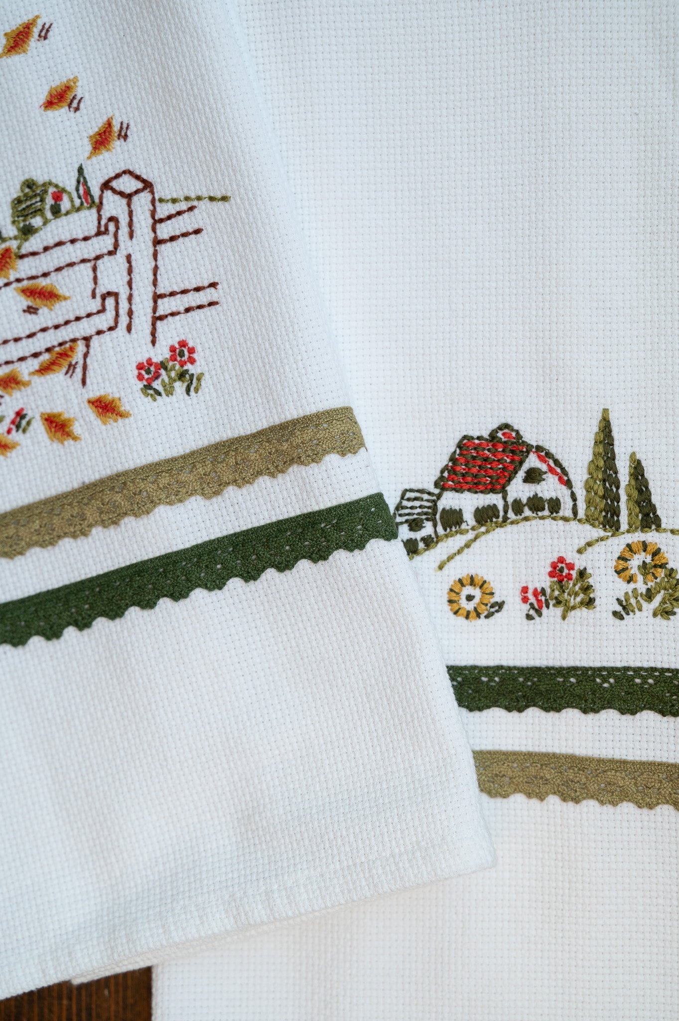 Fall Cottage Embroidered Tea Towel, Set of 2