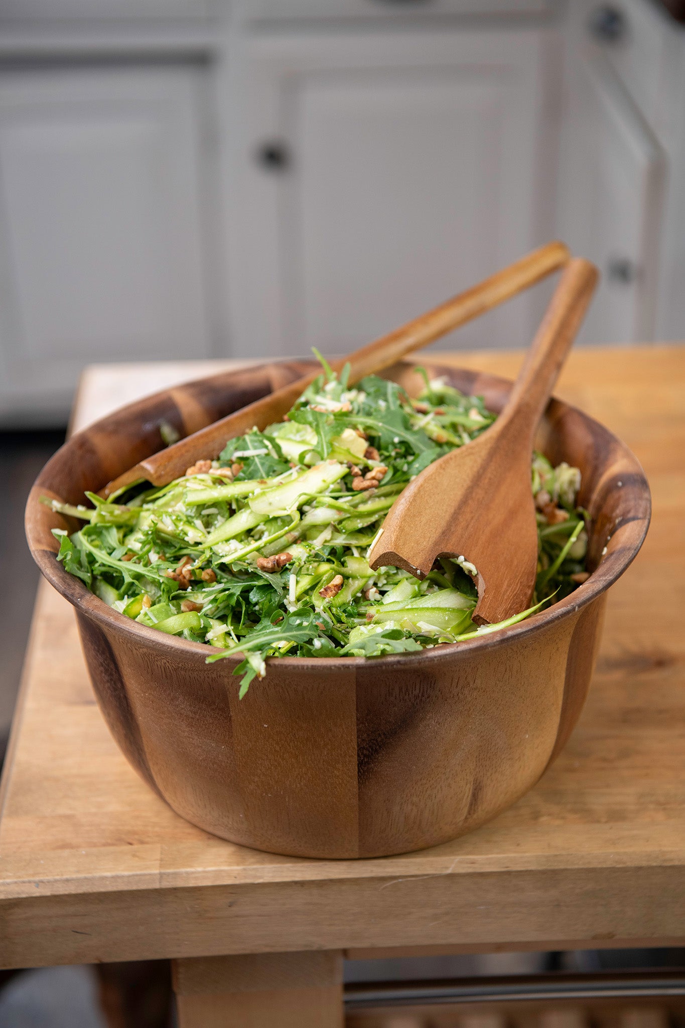 Fluted Wooden Salad Bowl Serving Set, 7-piece