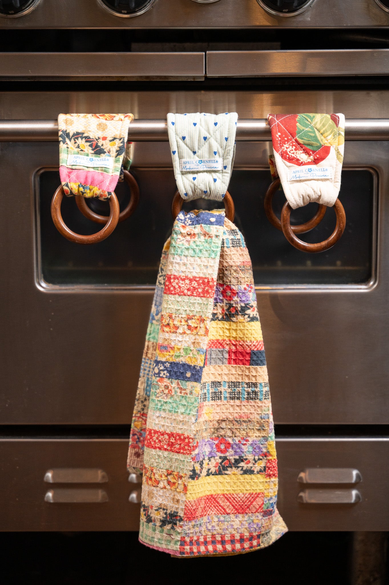Patch Parade Tea Towel + Set of 3 Wooden Loop Hangers