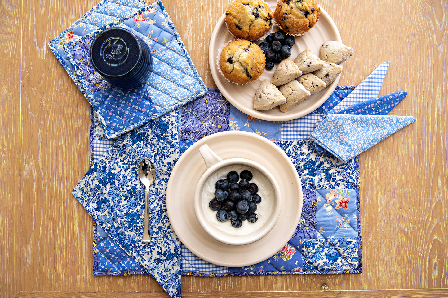 Prairie Patchwork Quilted Placemats in Blue, Set of 2