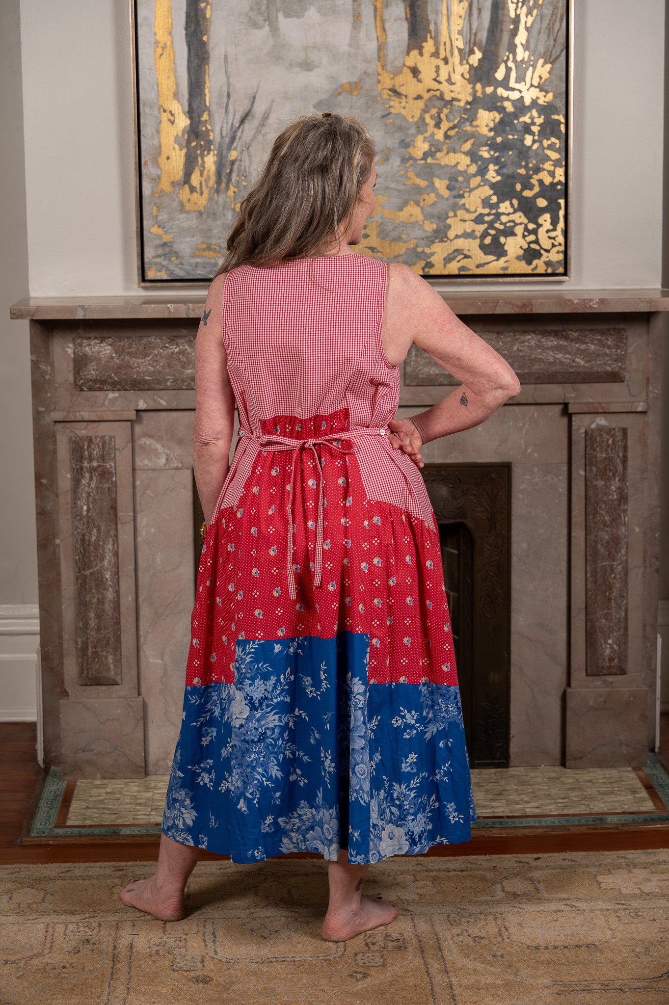 blue patchwork dress Camila Floral Maxi Dress- Add a touch of easy charm to your wardrobe with this sleeveless mixed April Cornell Parade Patchwork Dress
