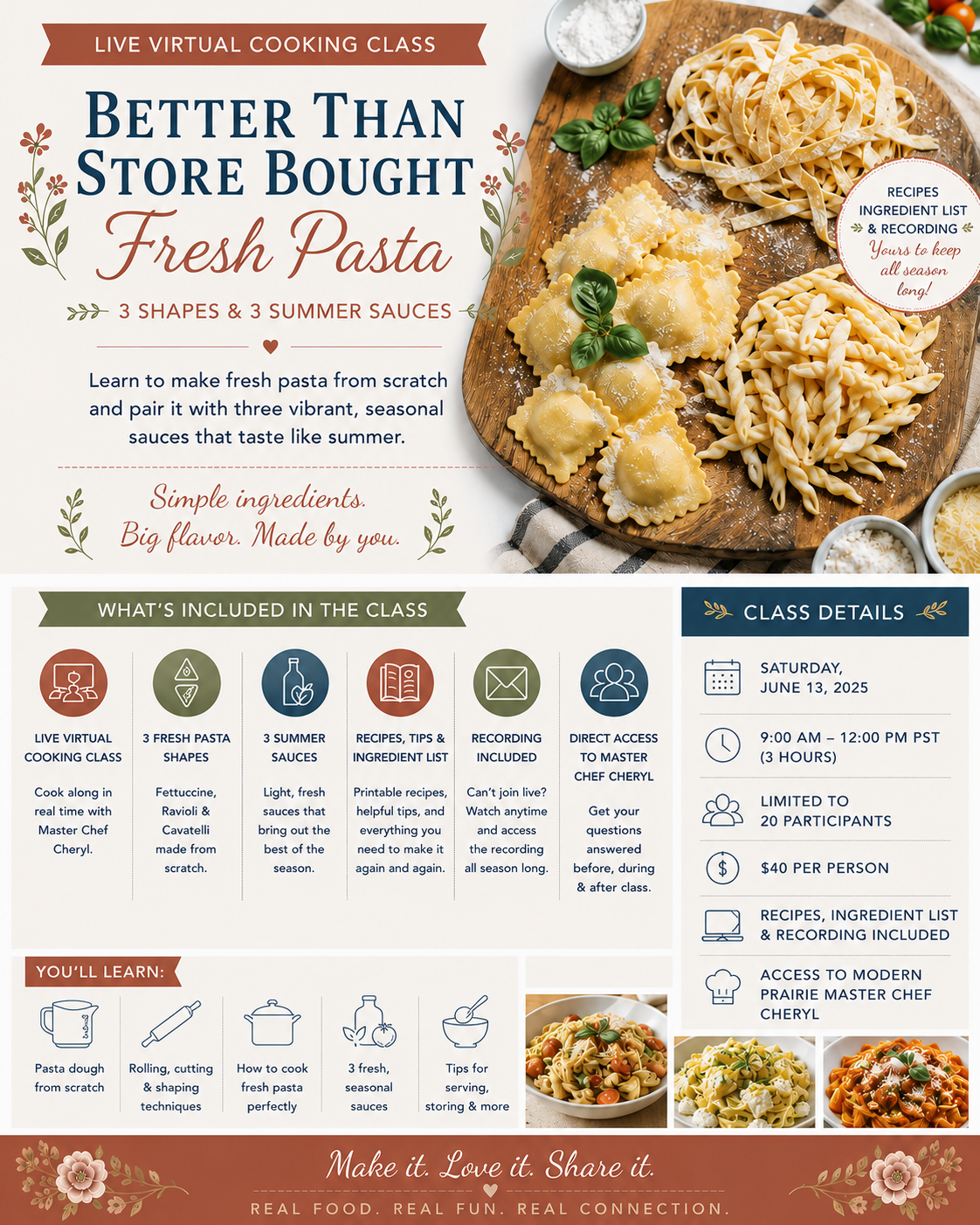 Better Than Store Bought: Fresh Pasta – Three Shapes & Three Summer Sauces, June 13th