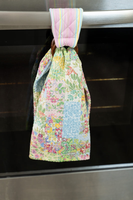 Garden Collage Patchwork Tea Towel + Set Of 3 Wooden Loop Hangers