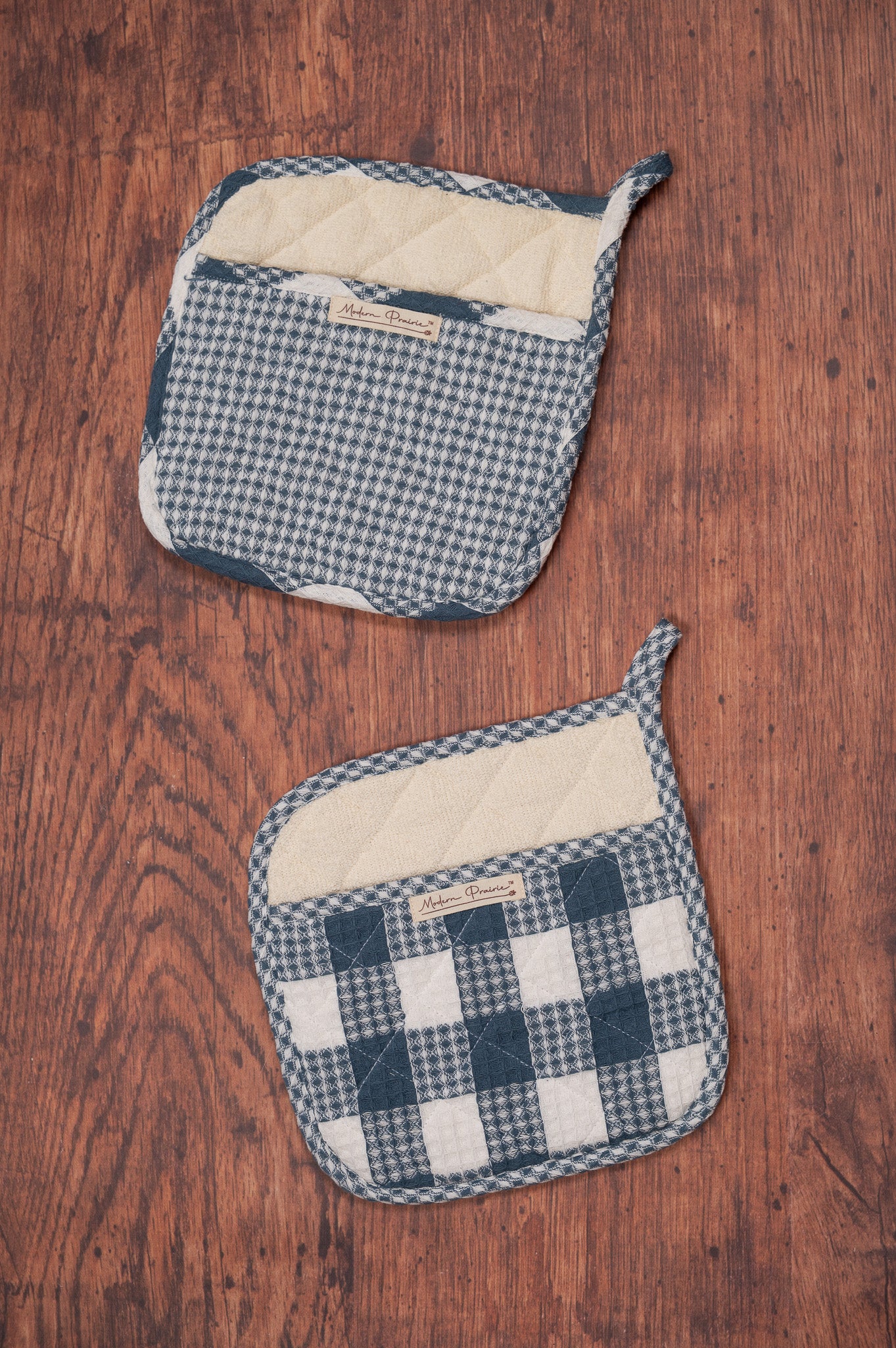 Prairie Essentials Pocket Potholders in Navy Plaid, Set of 2