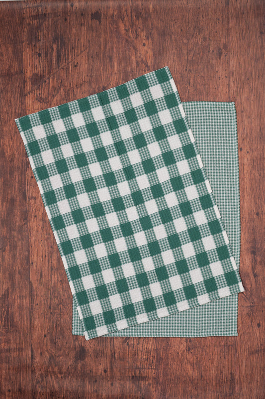 Prairie Essentials Honeycomb Tea Towel in Green Plaid, Set of 2