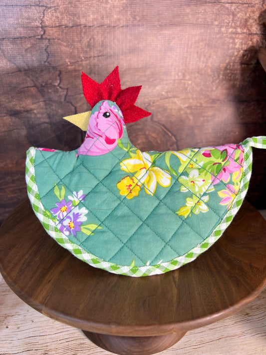 Happy Hen Potholder in Green Floral