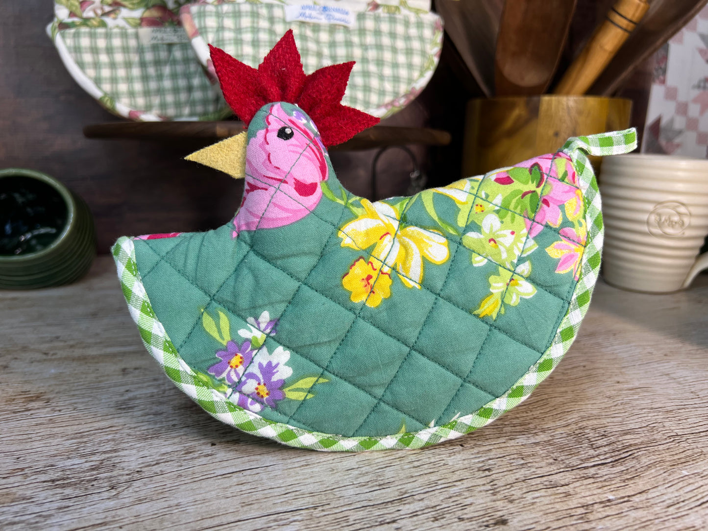 Happy Hen Potholder in Green Floral