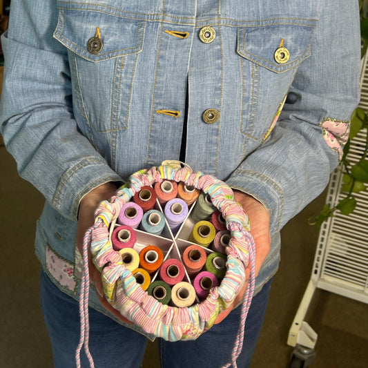 Garden Collage Patchwork Drawstring Sewing Bag + 20 Spools of Thread