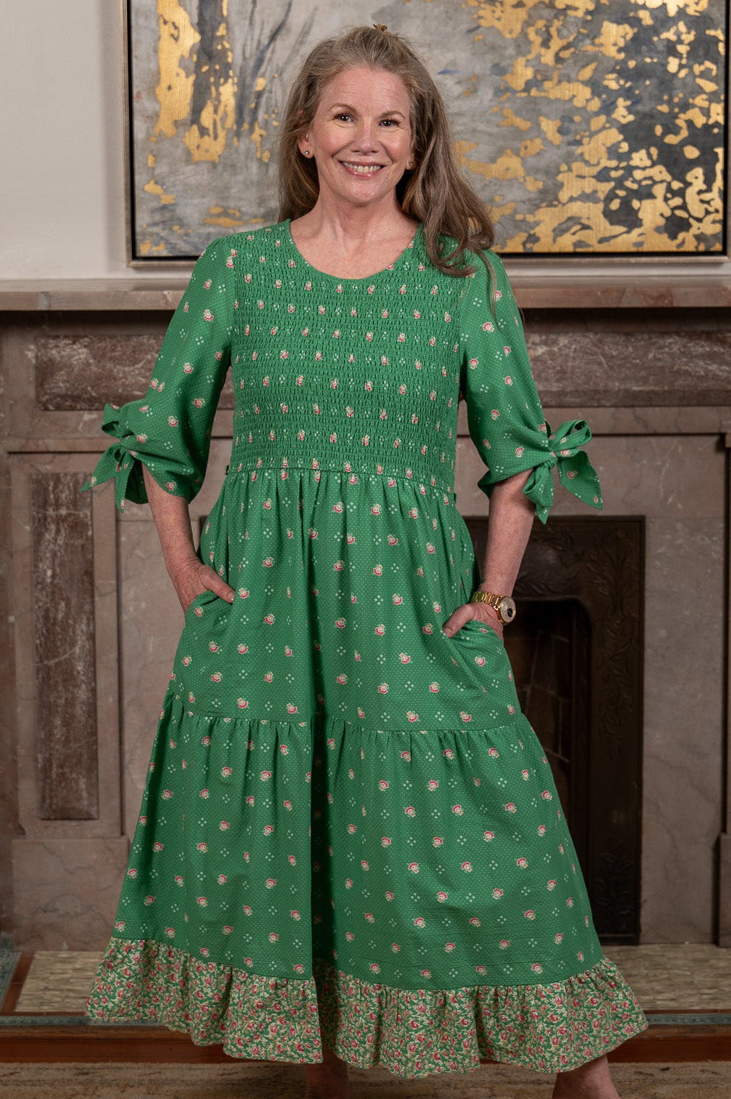 green pattern dress New Calais in this mermaid silhouette gown has a subtle shimmer Dark Green Multi Floral Print