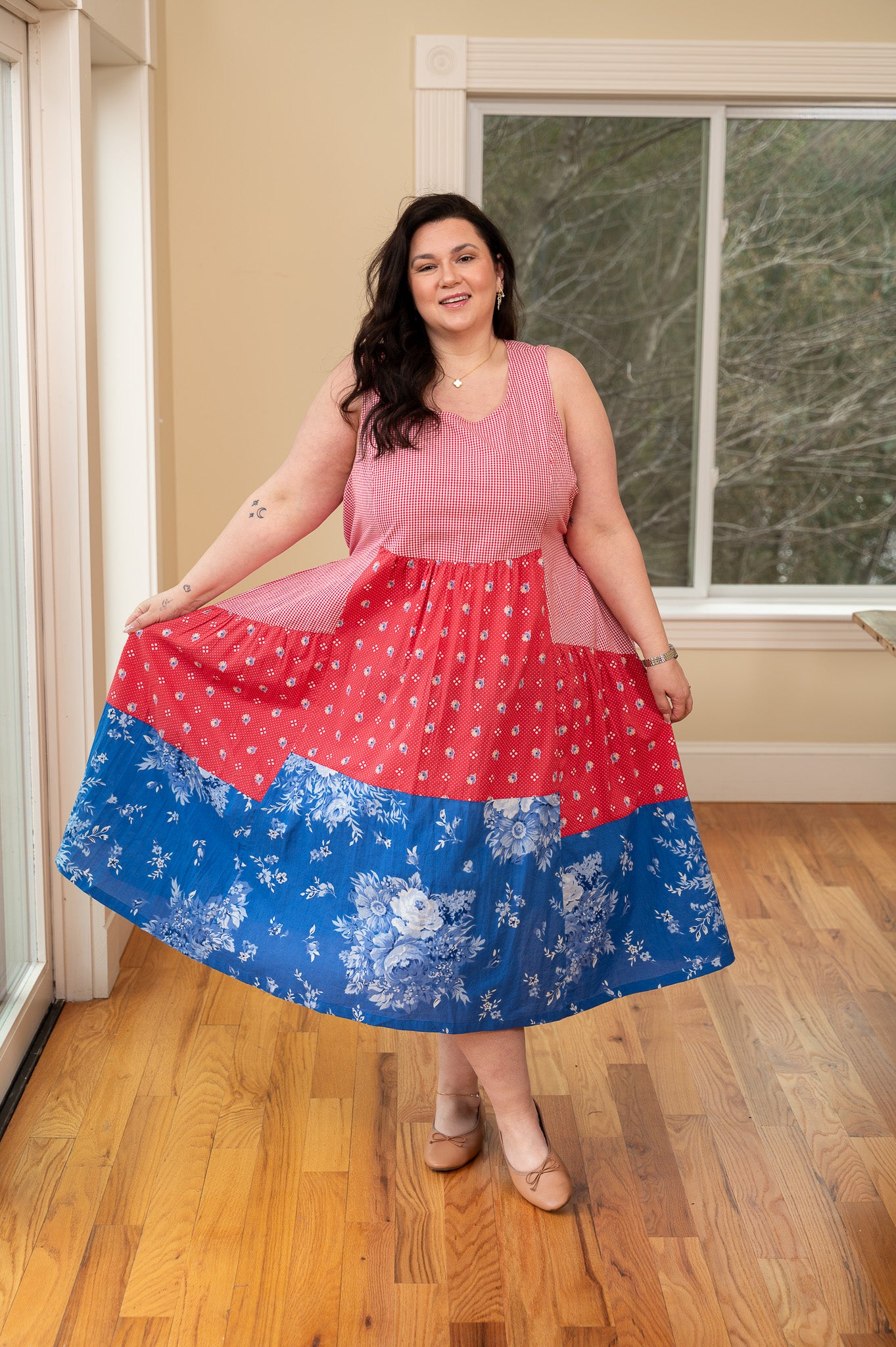 blue patchwork dress Dottie Cargo 10% Spandex. April Cornell Parade Patchwork Dress,