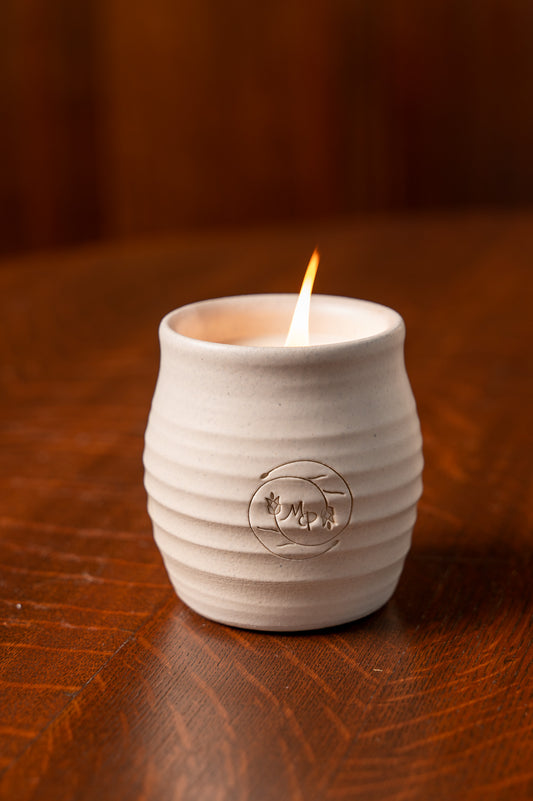 MP Stamped Candle Crock in Prairie Linen - Cashmere Plum Scent