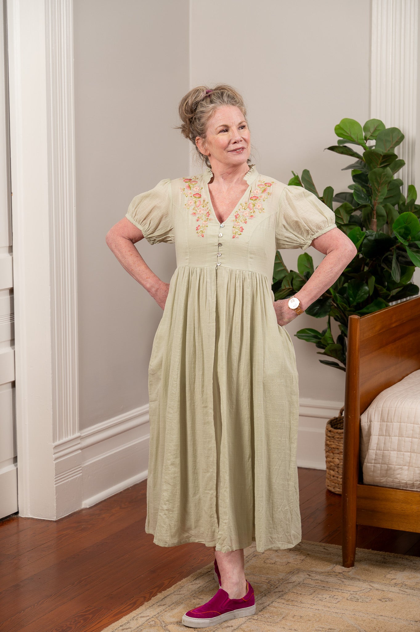 April Cornell Women's Sage Green Cotton Dress, S