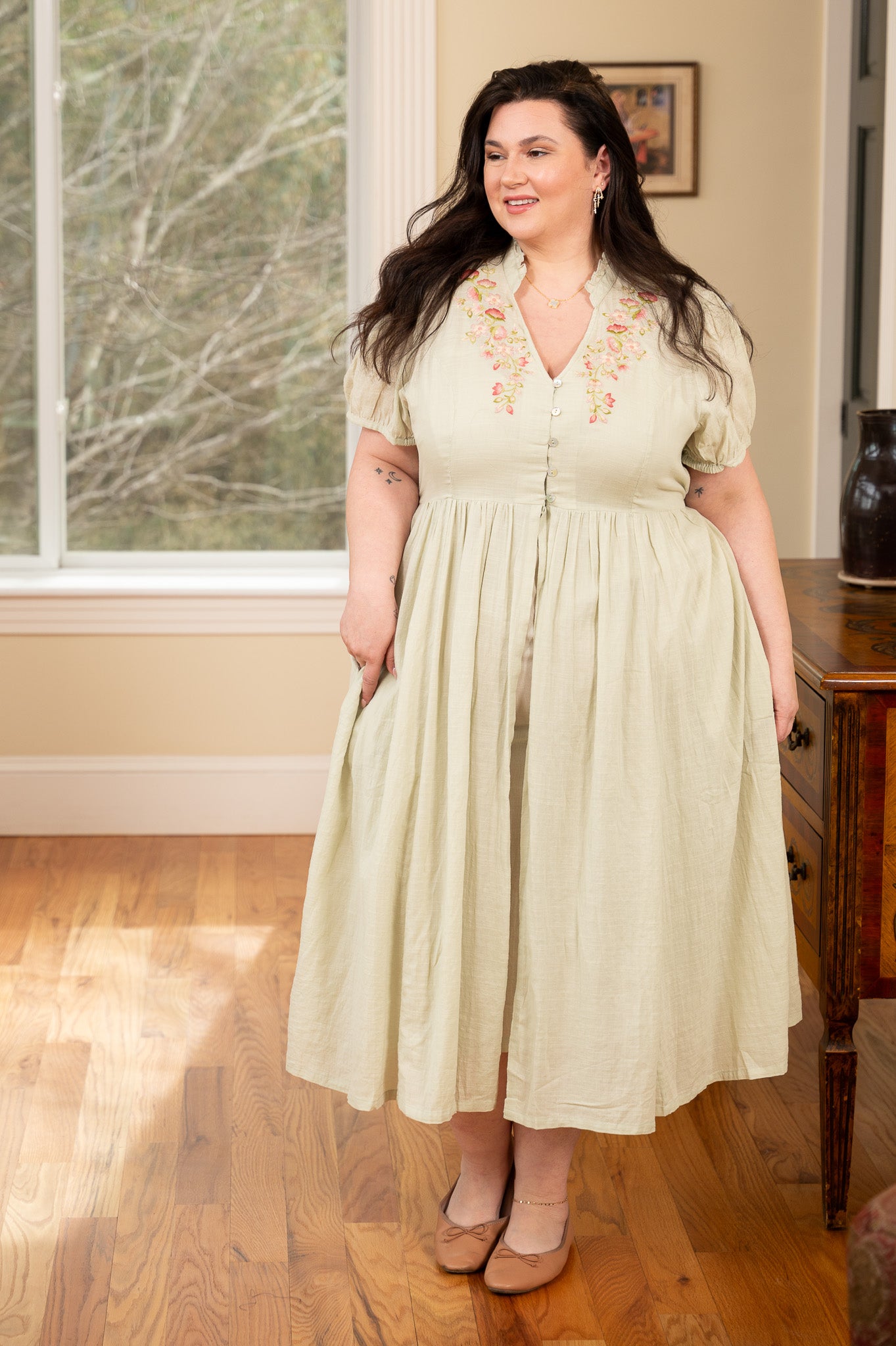 April Cornell Women's Sage Green Cotton Floral Embroidery Dress, 4X