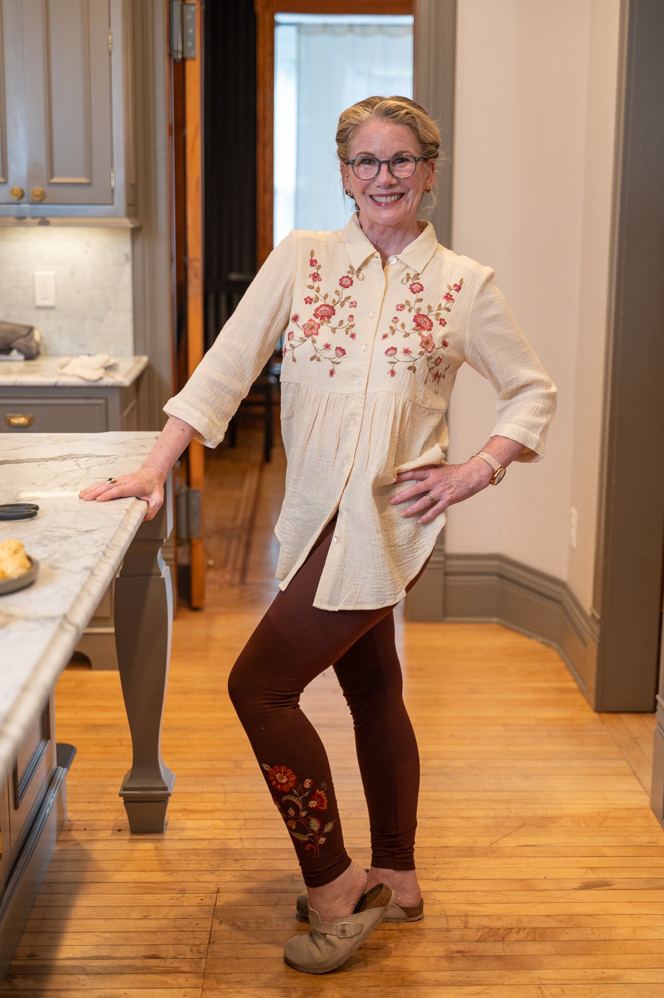 Flower Embroidered Blouse in Ecru