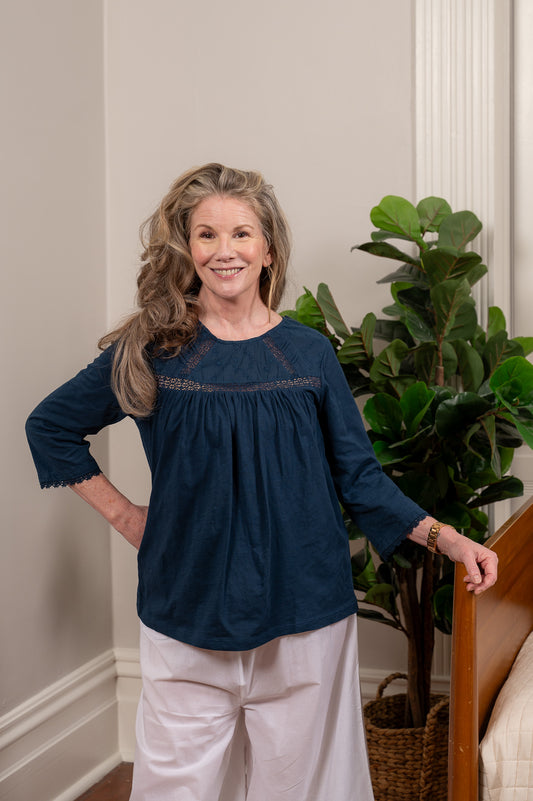 The Whisper Lace Tee in Navy