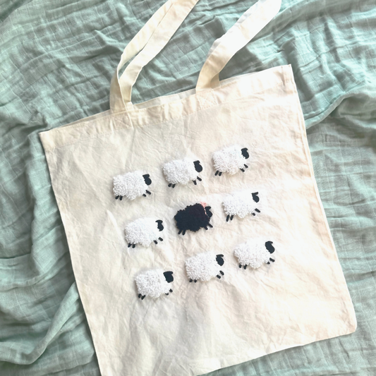 Baa-Baa Black Sheep Tote Bag -  Floss Punch Embroidery Kit