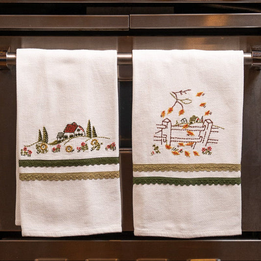 Fall Cottage Embroidered Tea Towel, Set of 2