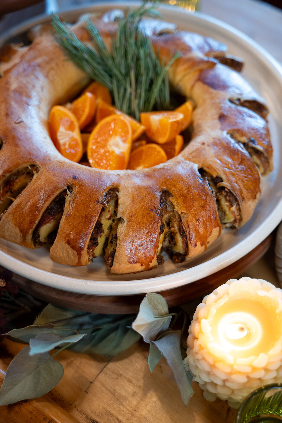 Saffron wreath bread with gruyere and cilantro olive pesto