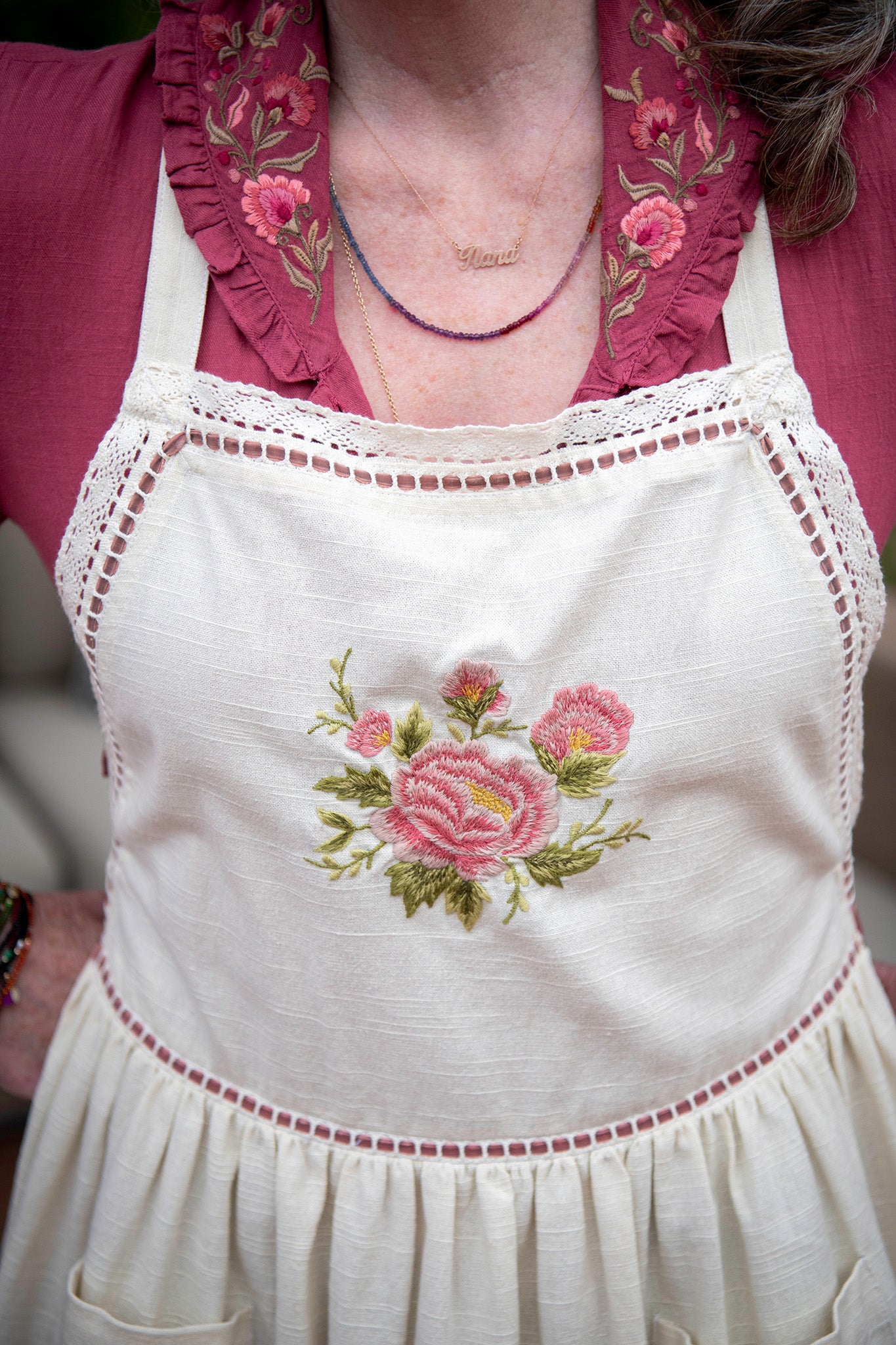 Peony Blossom Embroidered Apron